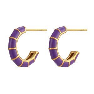 Purple Bamboo C Shape Hoop Huggie Earrings 18K Gold‎ Plated Stainless